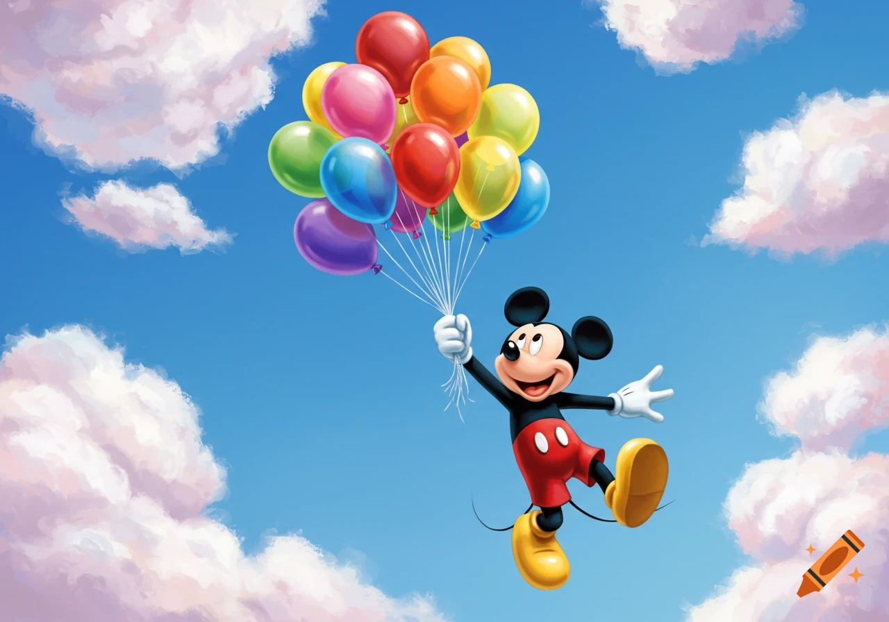 Mickey Mouse flying in a blue sky, holding a large bunch of colorful balloons, with pink and white clouds.