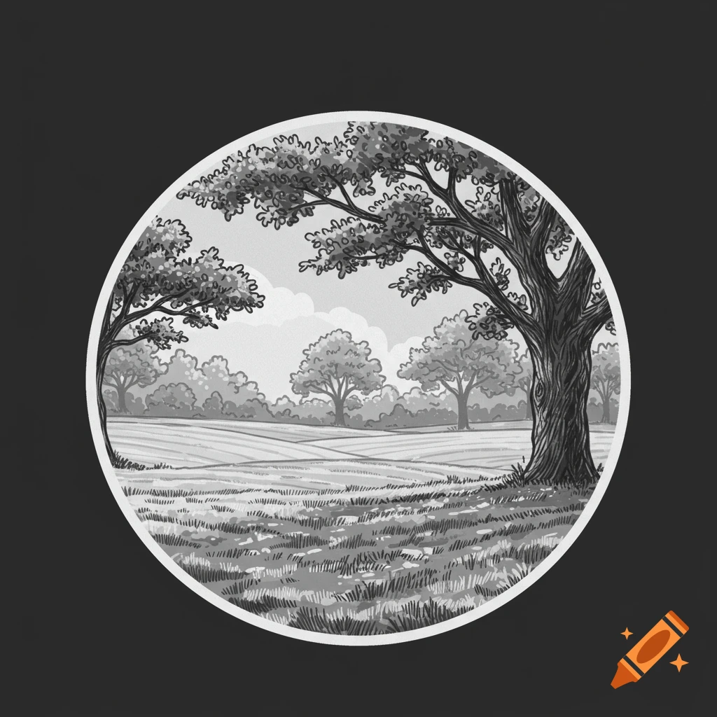 Black and white cartoon drawing of an open pasture with oak trees in the background, all contained within a circle.