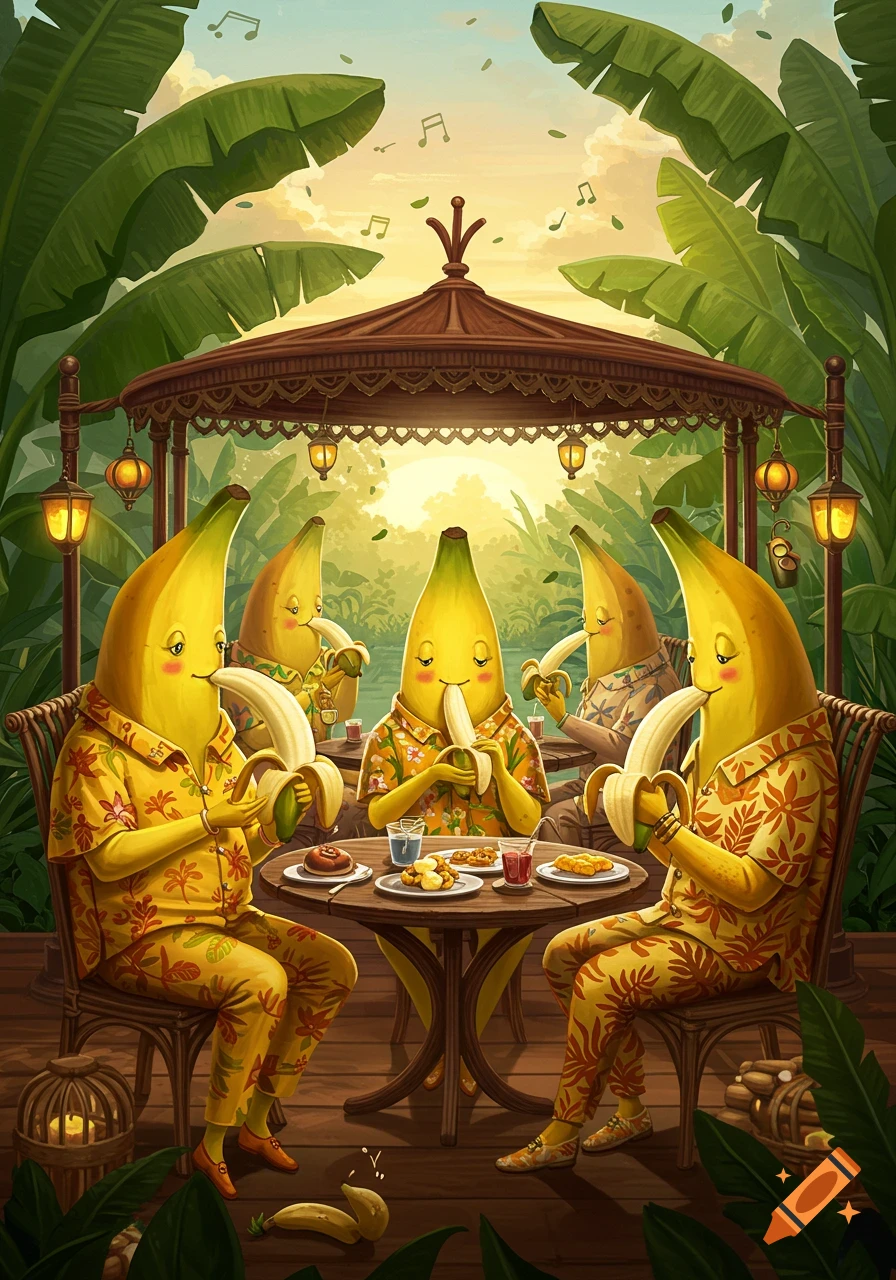 Anthropomorphic banana characters in Hawaiian shirts eating bananas at an outdoor table in a tropical setting.