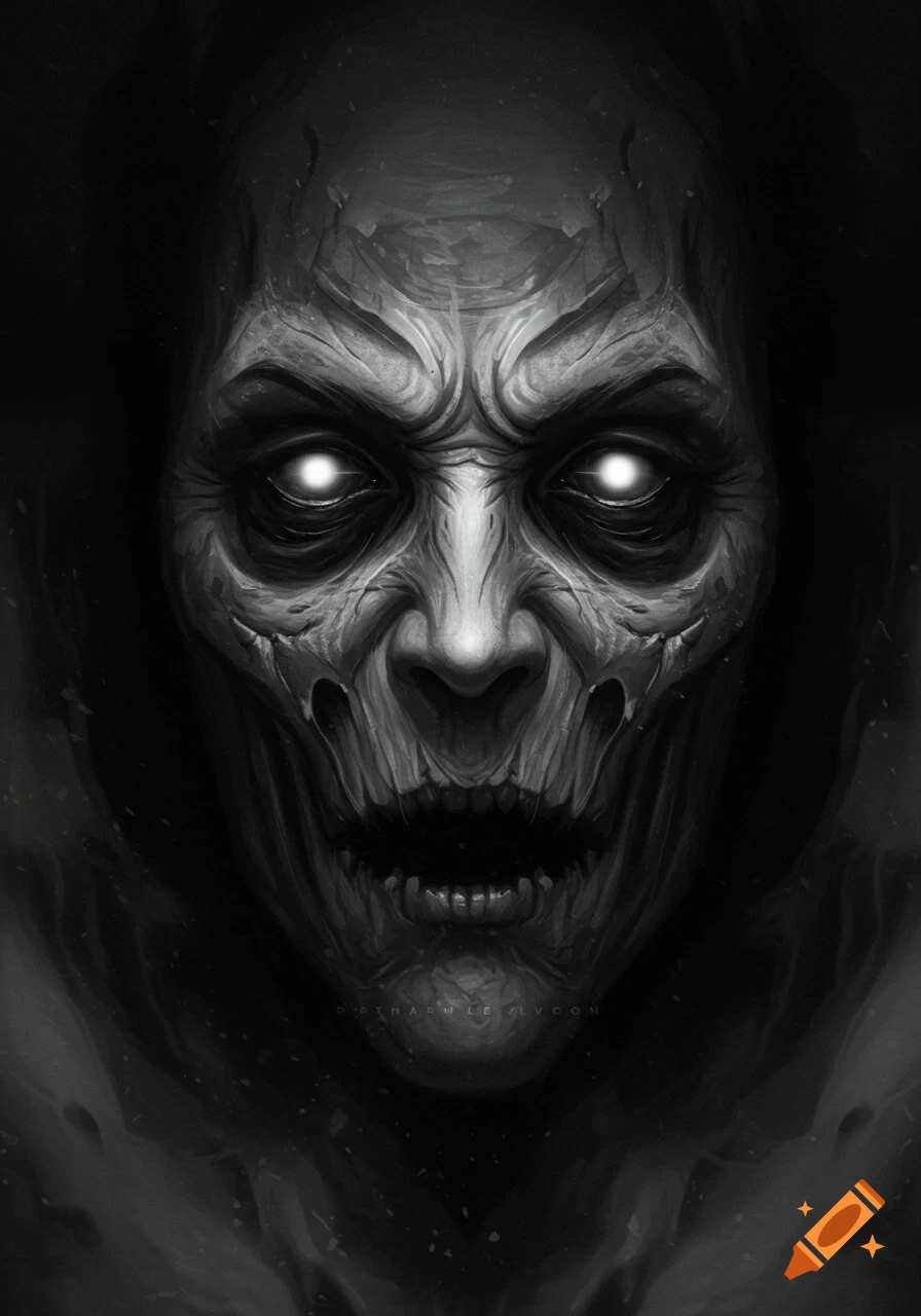 Close-up grayscale illustration of a menacing, decayed face with glowing white eyes.