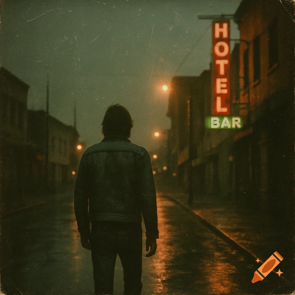 A person walks away down a dark, wet city street at night, illuminated by distant streetlights and a red and green neon 'HOTEL BAR' sign, in a grainy, vintage film style.