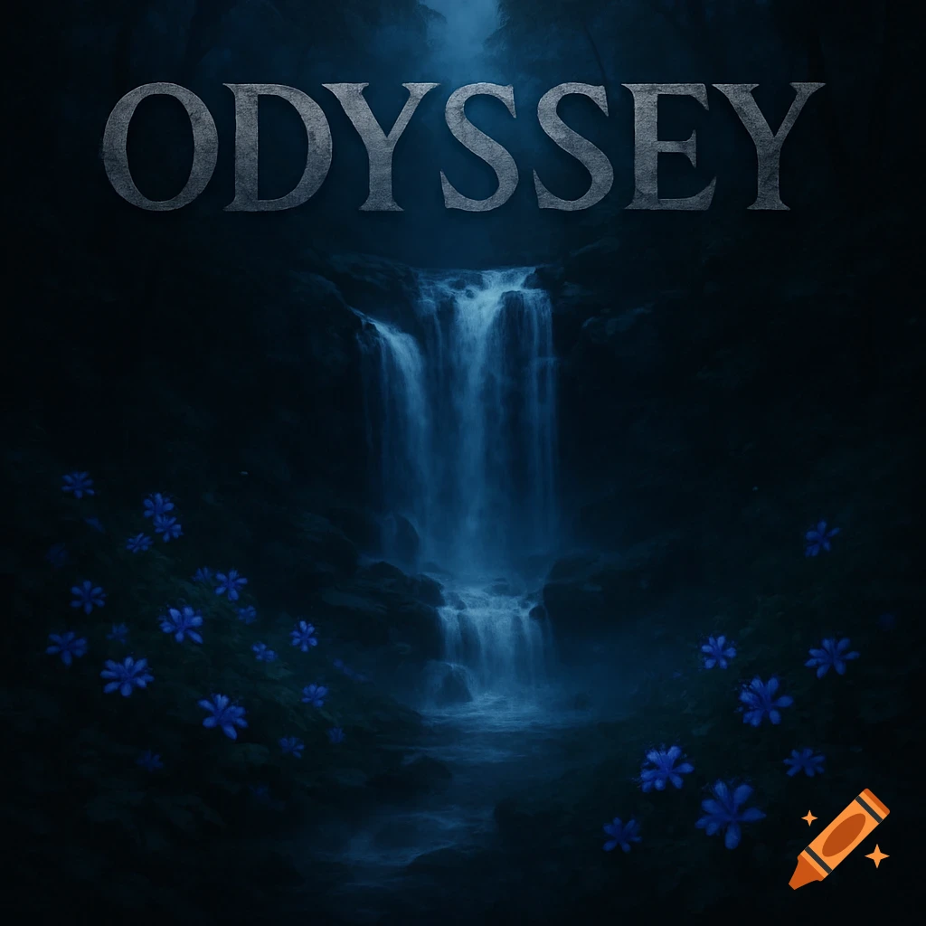 A dark, mystical forest scene with a glowing waterfall, blue flowers, and the word 'ODYSSEY' above.
