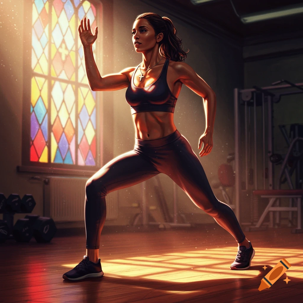 An athletic woman in black workout attire lunges in a sunlit gym, with a vibrant stained-glass window in the background.