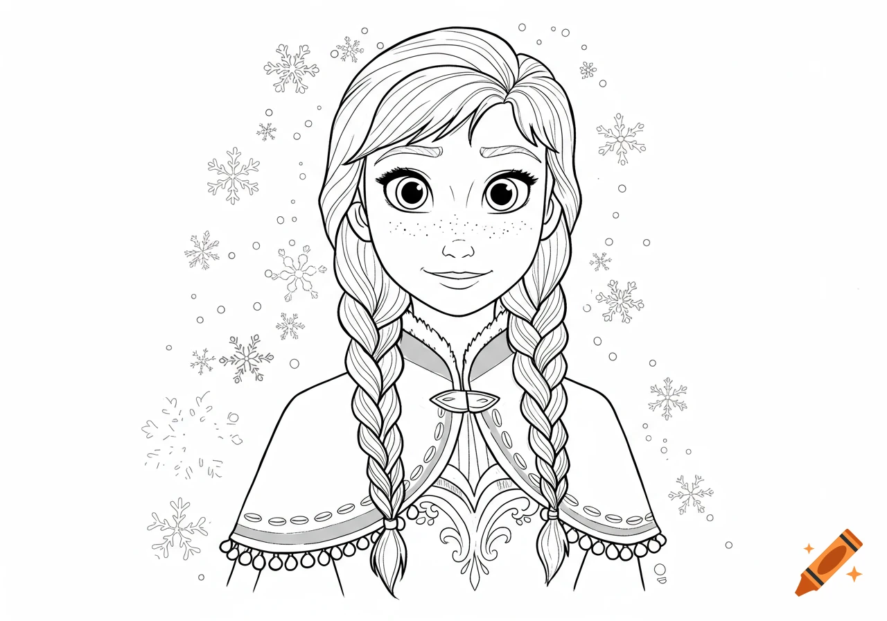 Black and white outline drawing of Anna from Disney's Frozen, smiling with braided pigtails, surrounded by snowflakes.