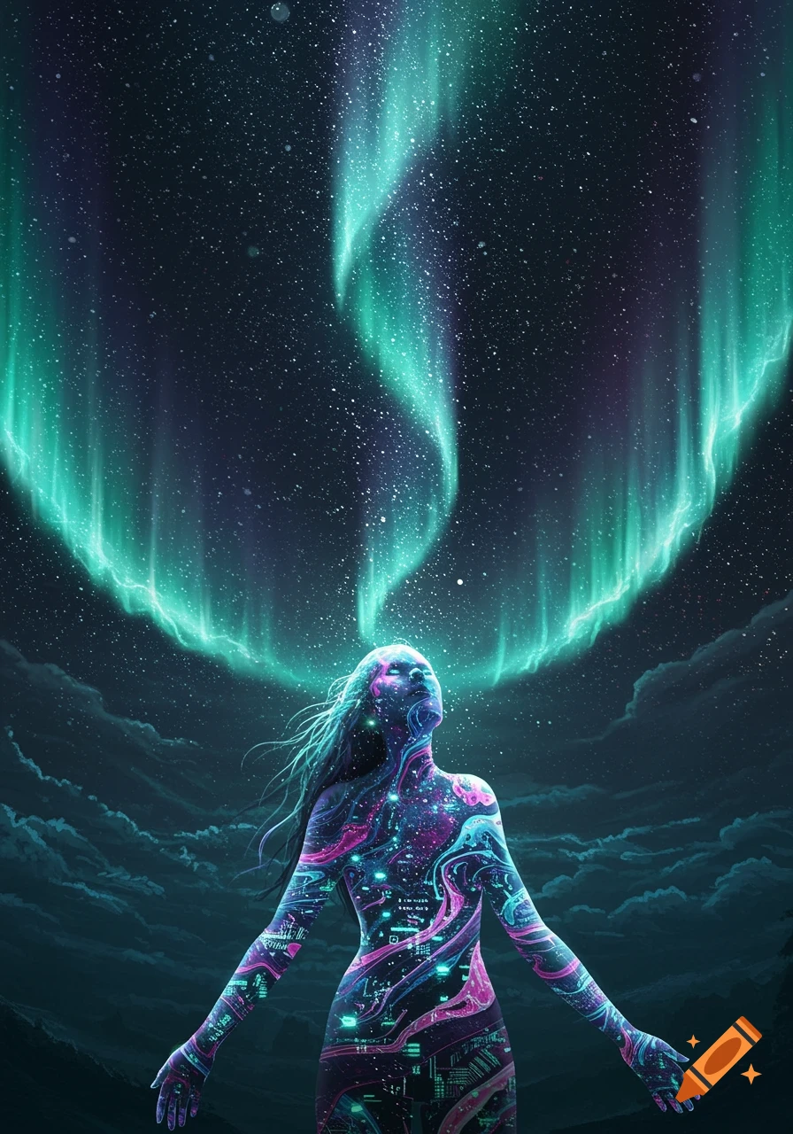 A woman with a body covered in glowing circuit patterns and nebulae reaches up towards a vibrant green and purple aurora in a starry night sky.