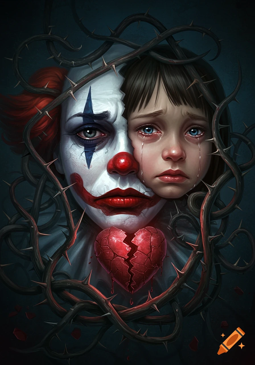Split portrait of a sad clown and crying child entangled in thorns, with a broken heart below, in a dark, illustrative style.