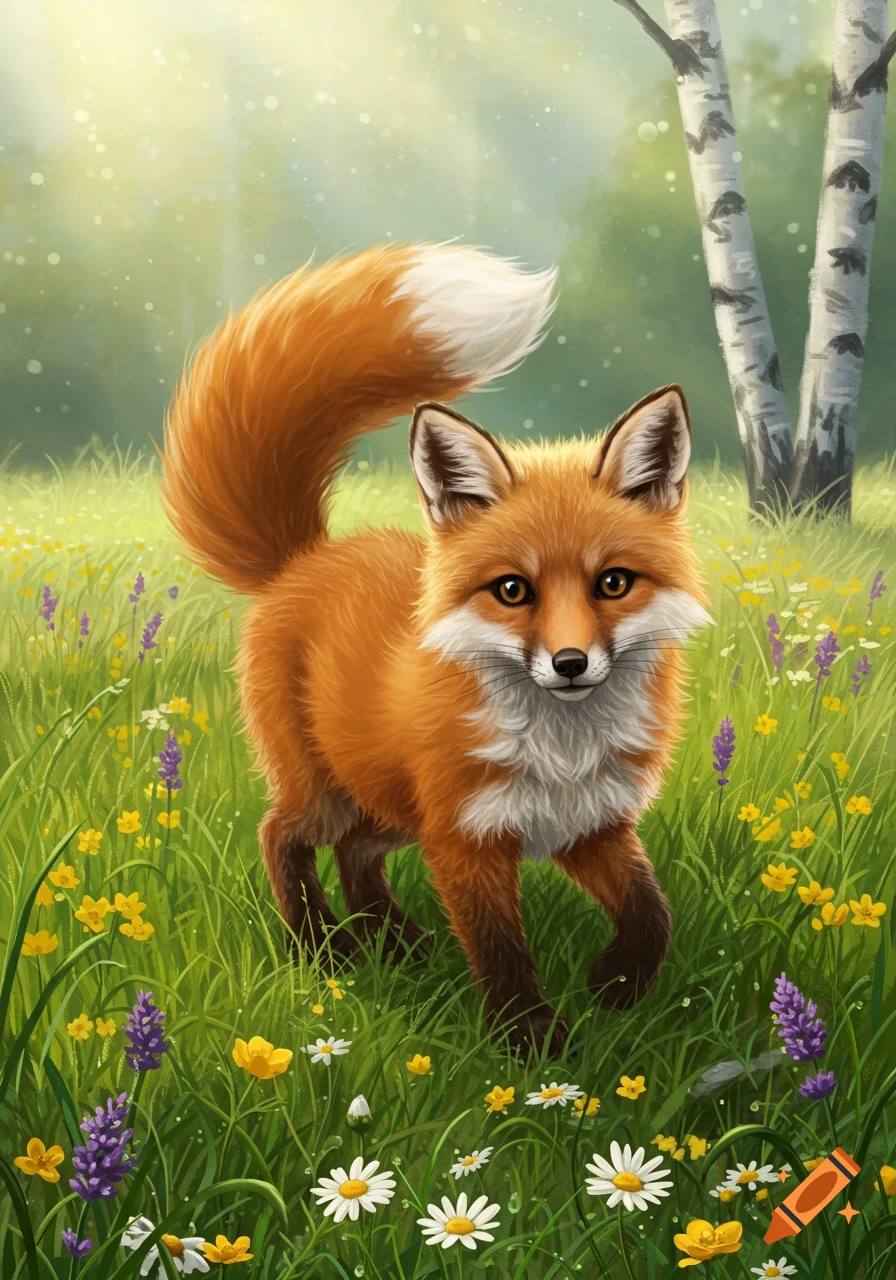 A cute orange fox stands in a vibrant green meadow filled with yellow, white, and purple wildflowers, with birch trees in the background. Digital illustration.