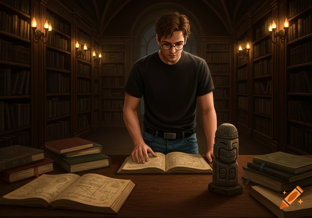 A man with glasses reads an open book filled with diagrams on a wooden table in a dimly lit library. Other books and a stone totem are on the table.