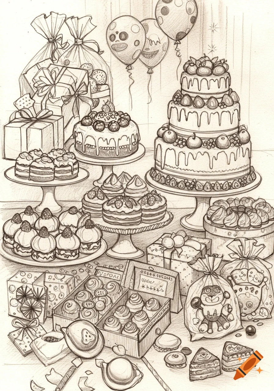 A detailed pencil sketch illustration showing a table filled with various cakes, cupcakes, pastries, and wrapped gifts, with balloons in the background.