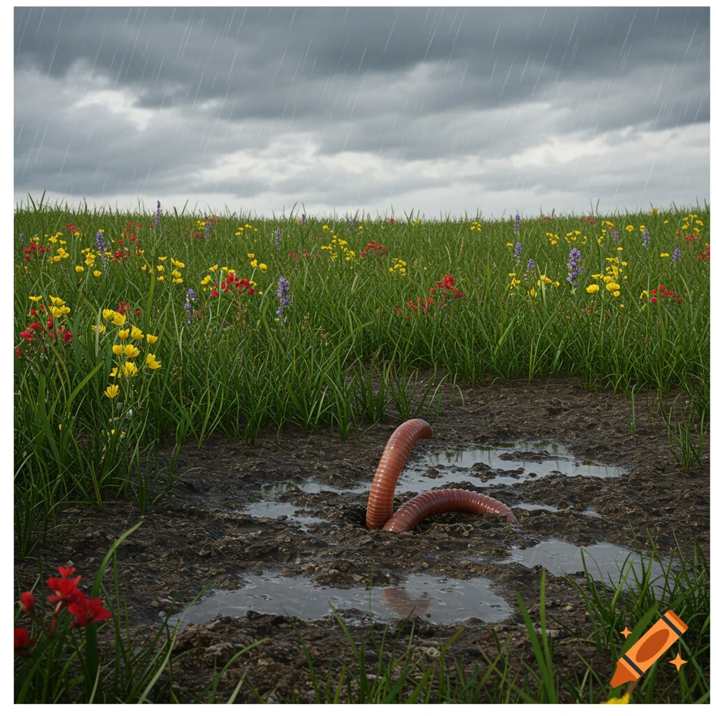 A large earthworm emerges from mud in a rainy field with colorful wildflowers.