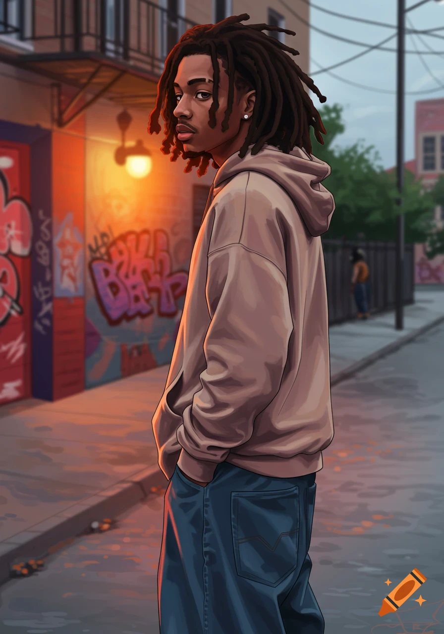 Illustration of a young person with locs wearing a hoodie and baggy jeans on an urban street with graffiti.