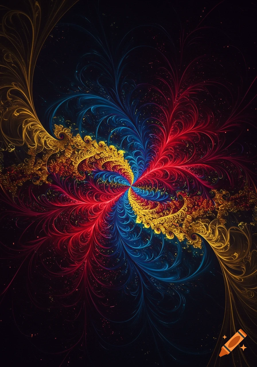 Vibrant abstract fractal art featuring swirling patterns in red, blue, and gold against a dark background.