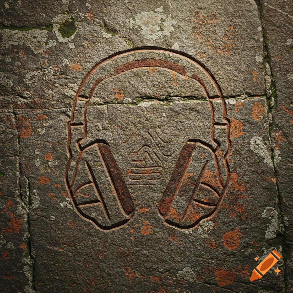 A petroglyph of headphones carved into a textured stone surface with moss and lichen.