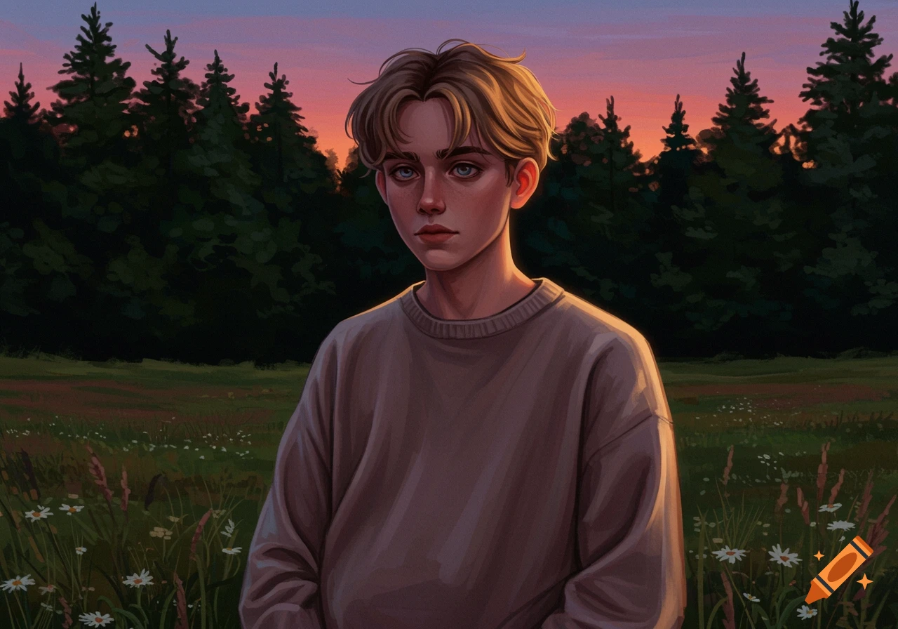 An illustrated portrait of a young boy with blond hair and blue eyes, standing in a field of wildflowers at sunset.