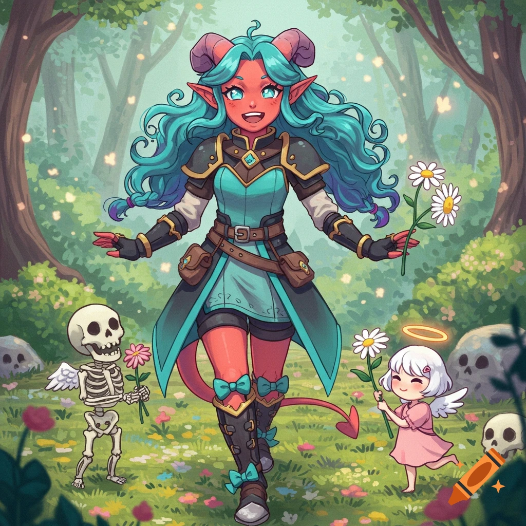 A cheerful tiefling necromancer with teal hair walks in a vibrant, whimsical forest with skeleton companions and an angelic girl.