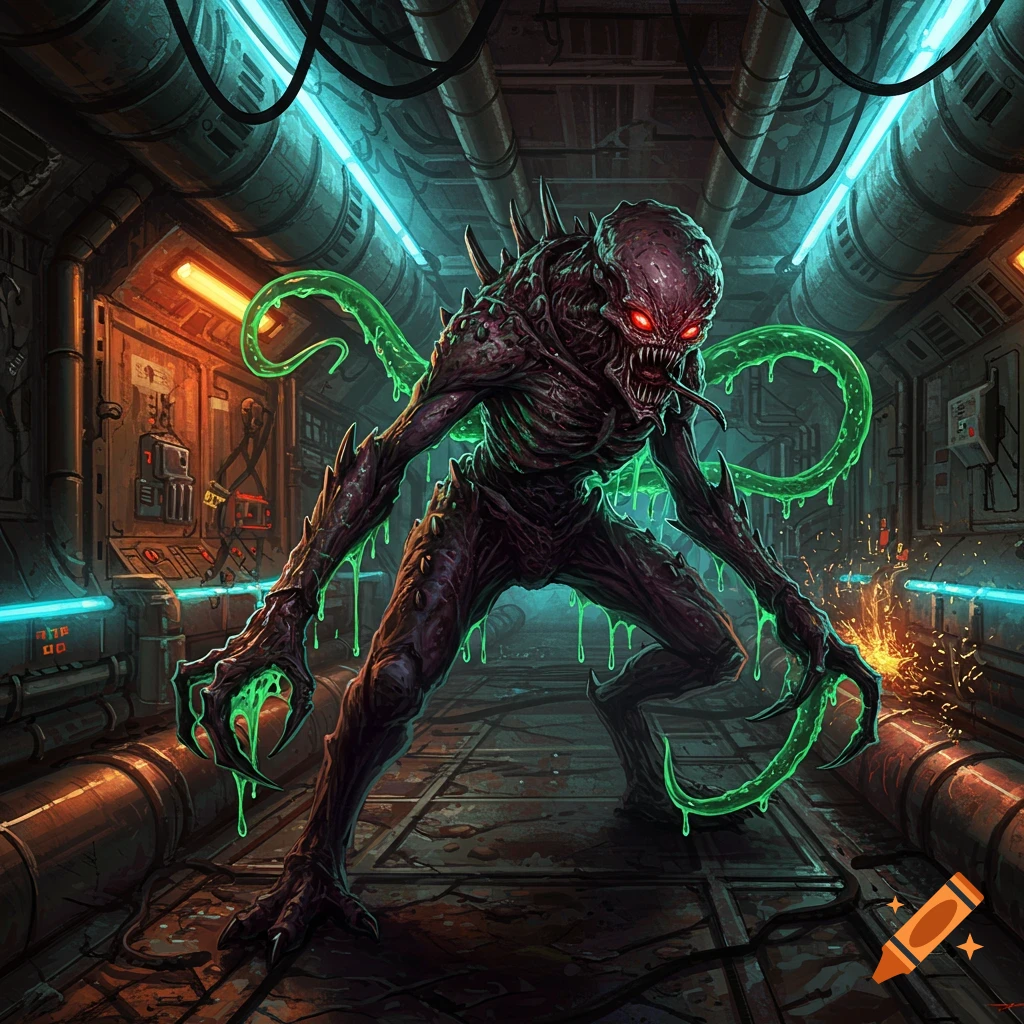 A terrifying, dark-skinned alien creature with glowing red eyes, sharp claws, and green slime dripping from its body, stands in a gritty, neon-lit sci-fi corridor.