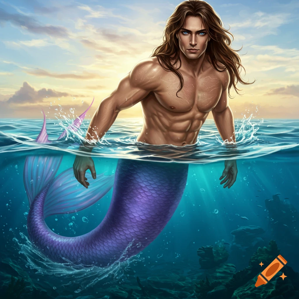 A lifelike merman with long brown hair and blue eyes emerges from the ocean, his purple tail visible underwater, under a sunset sky.