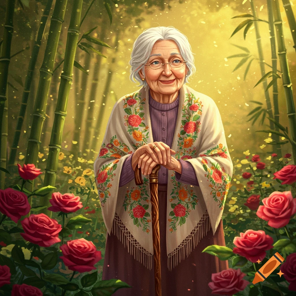 An elderly woman with a cane smiles in a vibrant garden filled with red roses and bamboo.