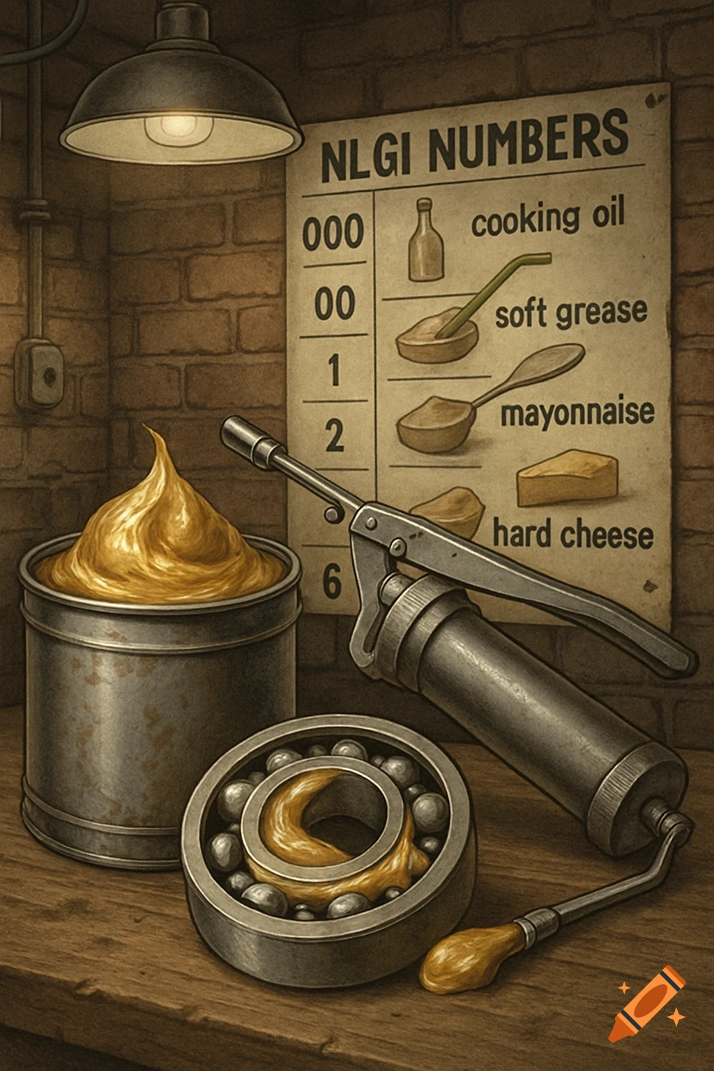 A still life image showing a tub of yellow grease, a grease gun, a bearing packed with grease, and a chart with NLGI numbers on a wooden surface.