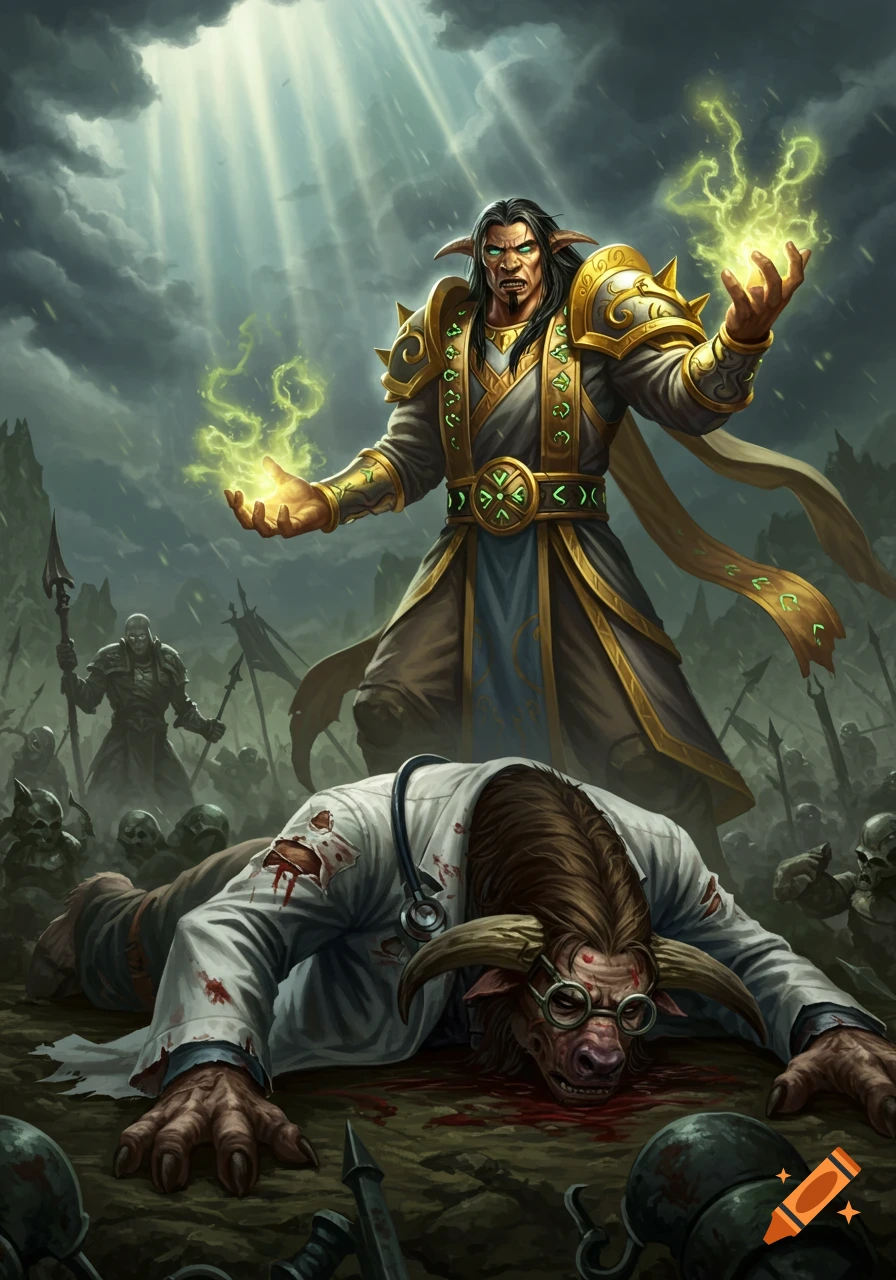 A powerful elf-like spellcaster stands over an injured minotaur-like doctor on a battlefield, in a World of Warcraft style.