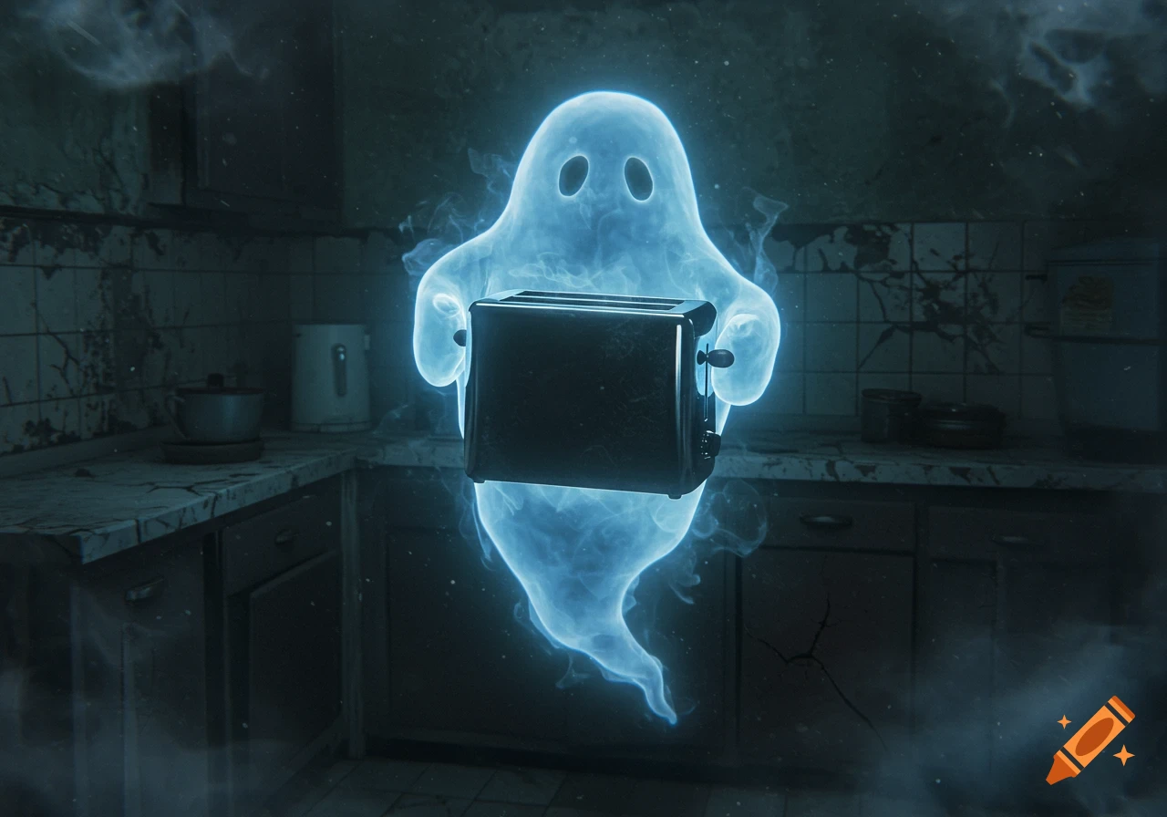 A glowing blue ghost holds a black toaster in a dark, slightly run-down kitchen with an eerie atmosphere.