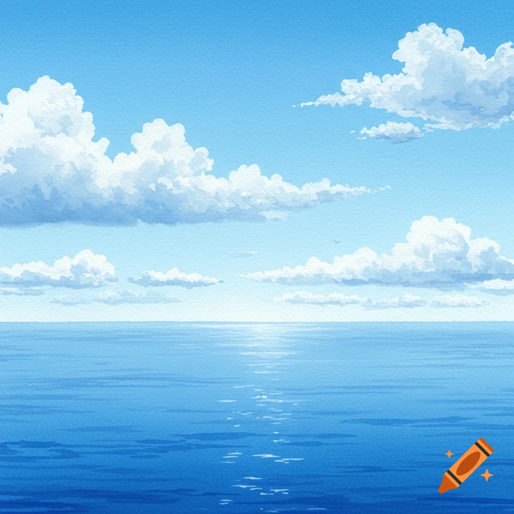 Watercolor painting of a light blue sky with white clouds over a deep blue ocean with sun glare.