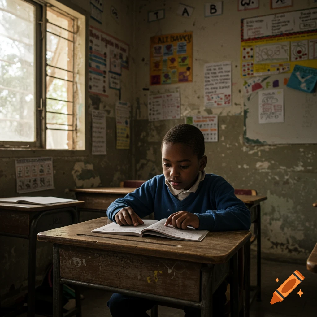 A young boy in a blue sweater sits at a wooden desk, focused on reading an open book in a rustic classroom.