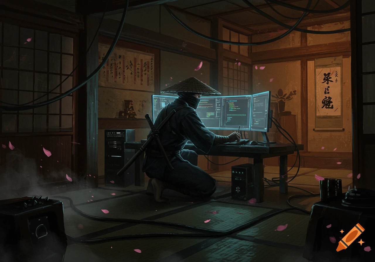 A masked ninja in traditional attire works on multiple computer monitors in a Japanese-style room, surrounded by wires and falling cherry blossom petals.