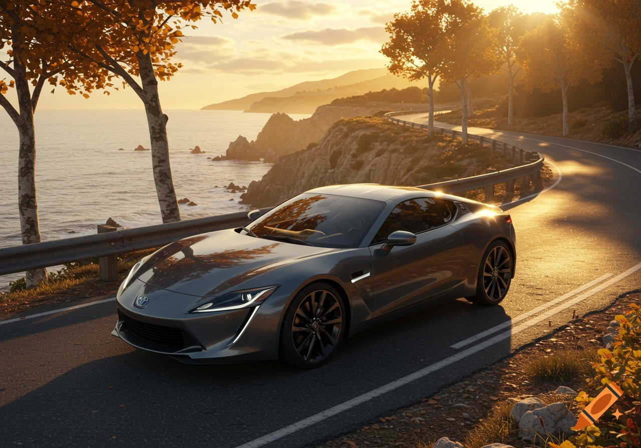 A sleek grey sports car drives along a winding coastal road at sunset, with golden light illuminating the ocean and autumn trees.