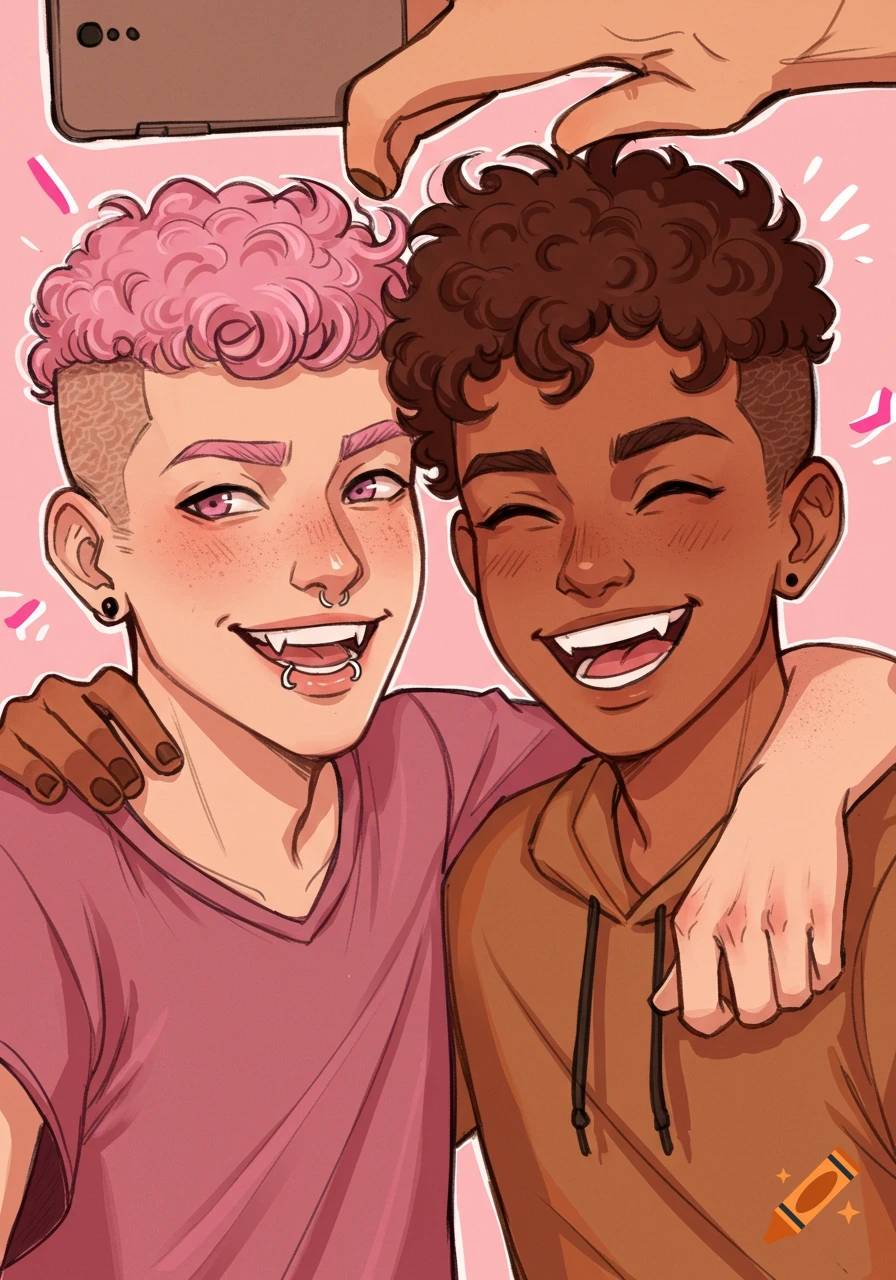 Two young men in an anime style take a selfie, smiling with arms around each other. One has pink curly hair and fangs, the other has brown curly hair.
