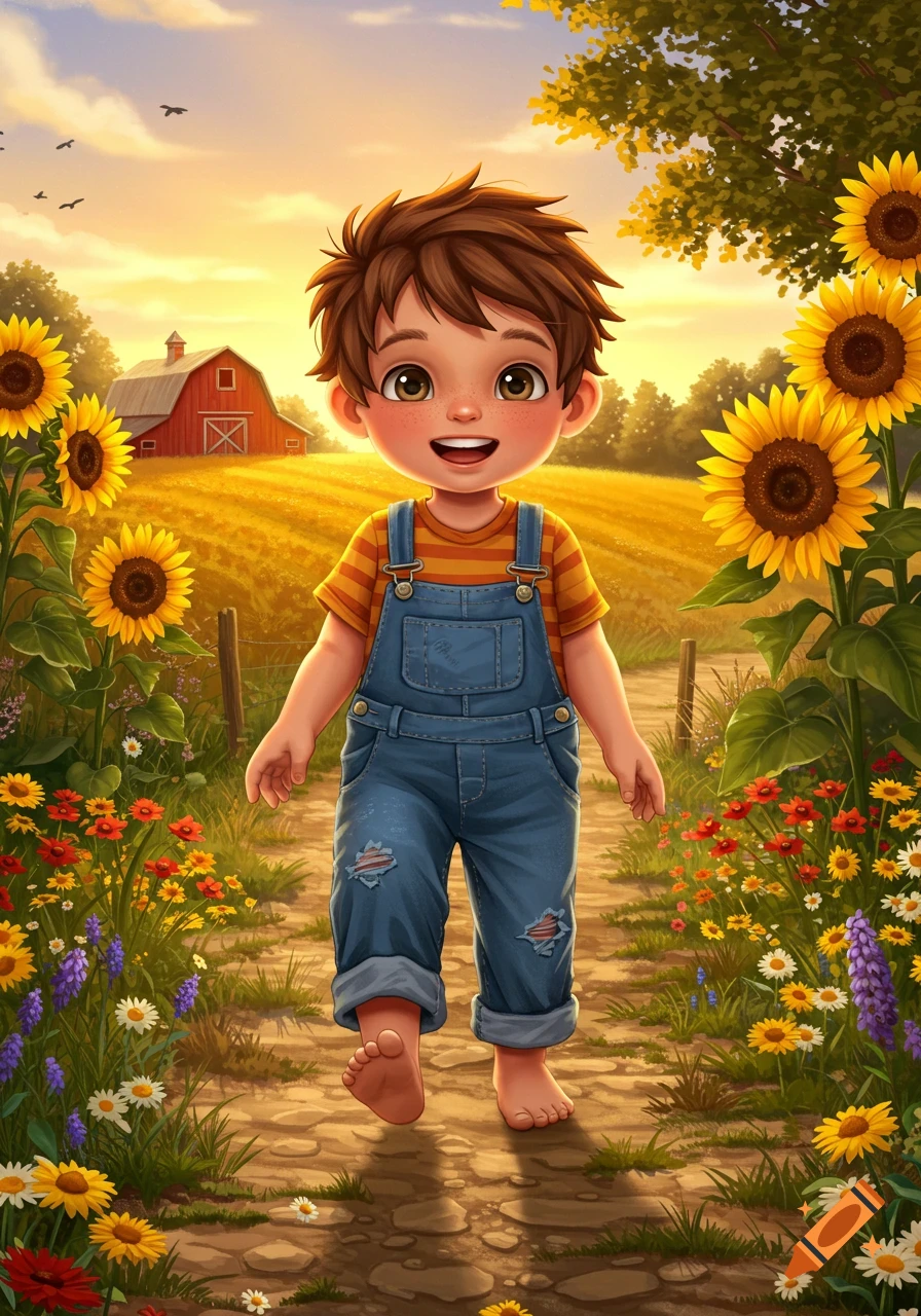 A happy cartoon boy in overalls walks barefoot on a path through a field of sunflowers and wildflowers with a red barn under a sunset sky.