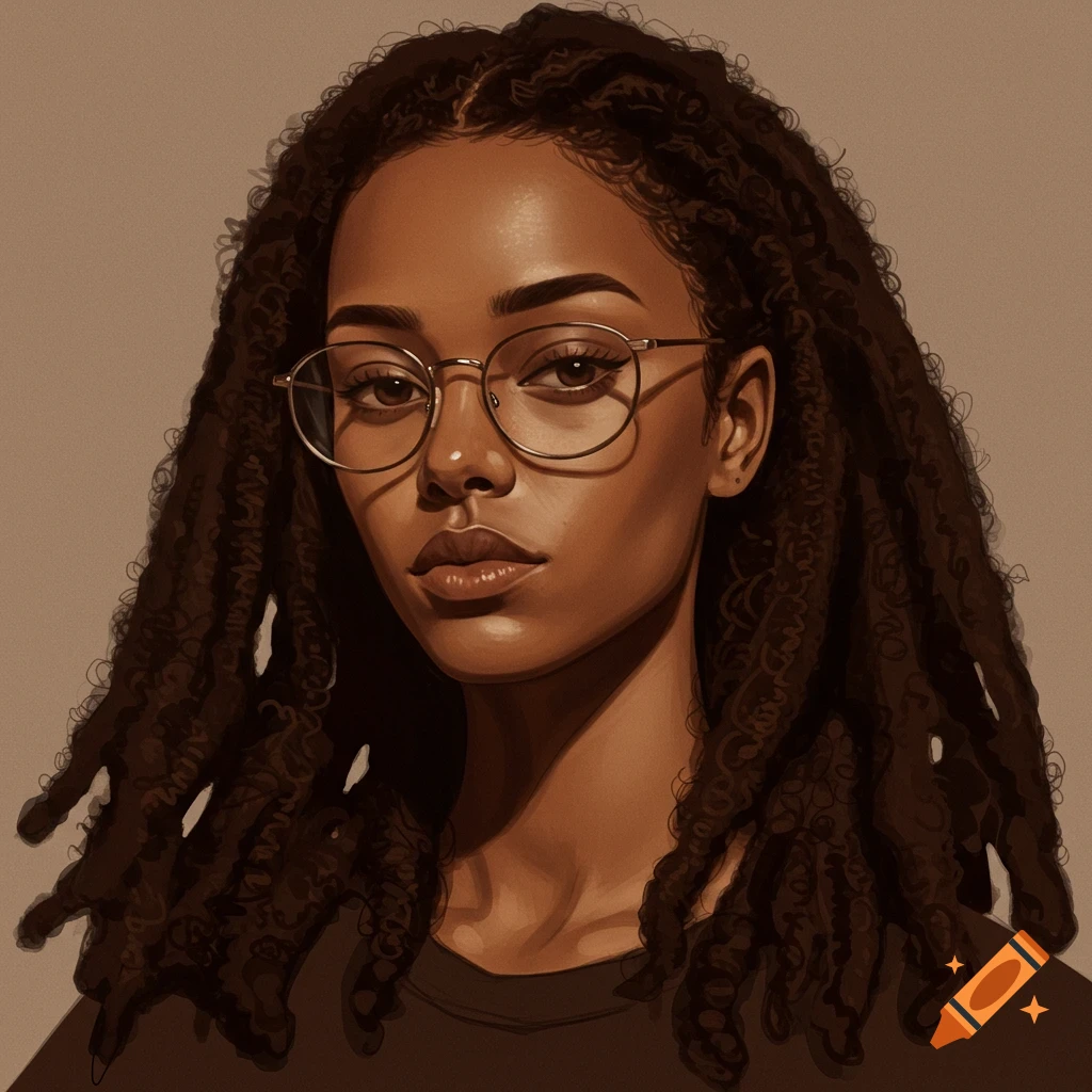 A digital painting portrait of a young woman with dark skin, long curly locs, and round glasses.