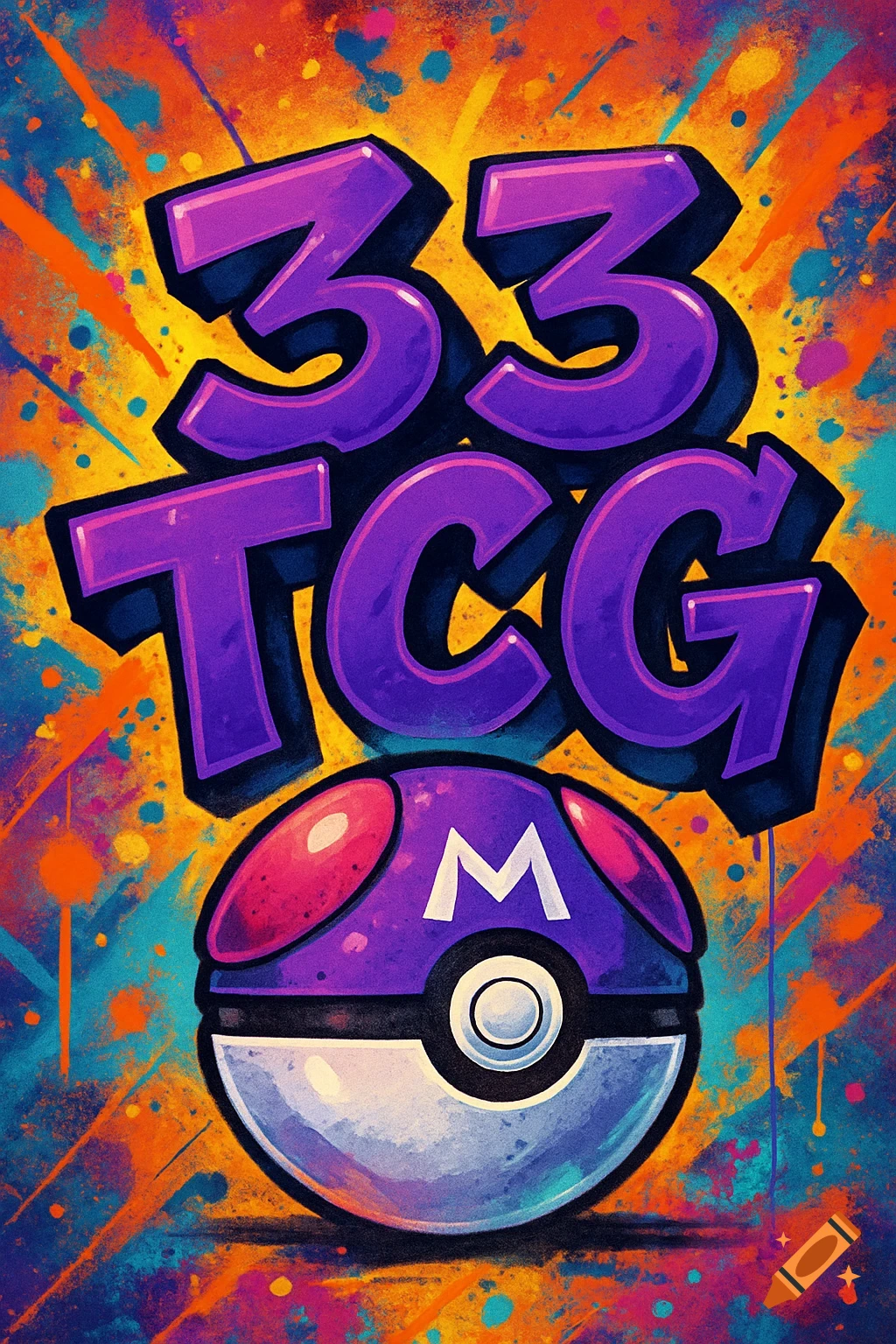 Purple graffiti numbers '33' and letters 'TCG' above a purple and white Master Ball, against a vibrant, splattered paint background.