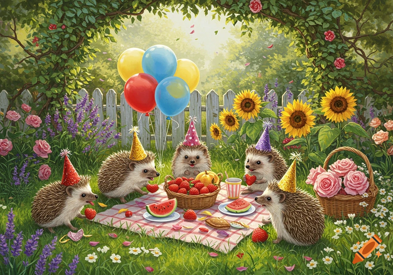 Five cute hedgehogs in party hats picnic in a vibrant garden with balloons, sunflowers, roses, and strawberries, in an illustrated style.