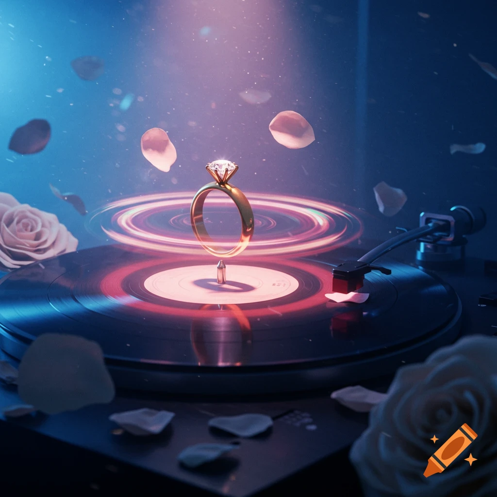 A glowing golden diamond engagement ring floats above a vinyl record spinning on a turntable, surrounded by pink rose petals and magical light effects.