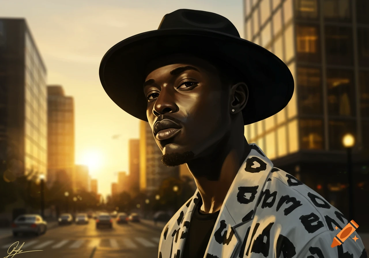 A stylized portrait of a man in a black fedora and a white patterned jacket, standing on a city street at sunset.
