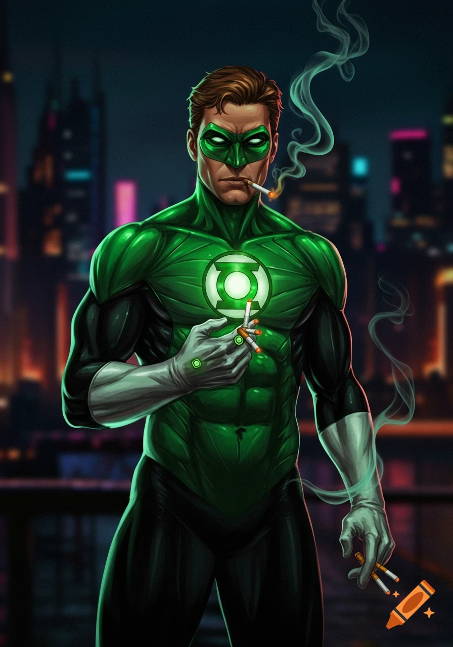 Green Lantern in a comic art style, smoking a cigarette and holding more, against a city night background.