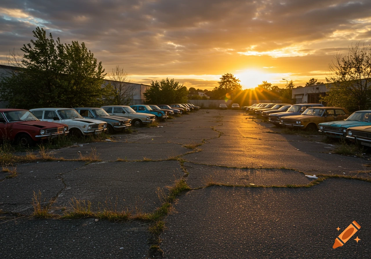 Abandoned cars in a cracked parking lot at sunset, with golden light reflecting off the pavement.