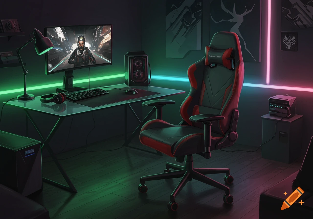A dimly lit gaming room featuring a red and black gaming chair, a glass desk with a computer monitor displaying a game, headphones, and neon lighting.