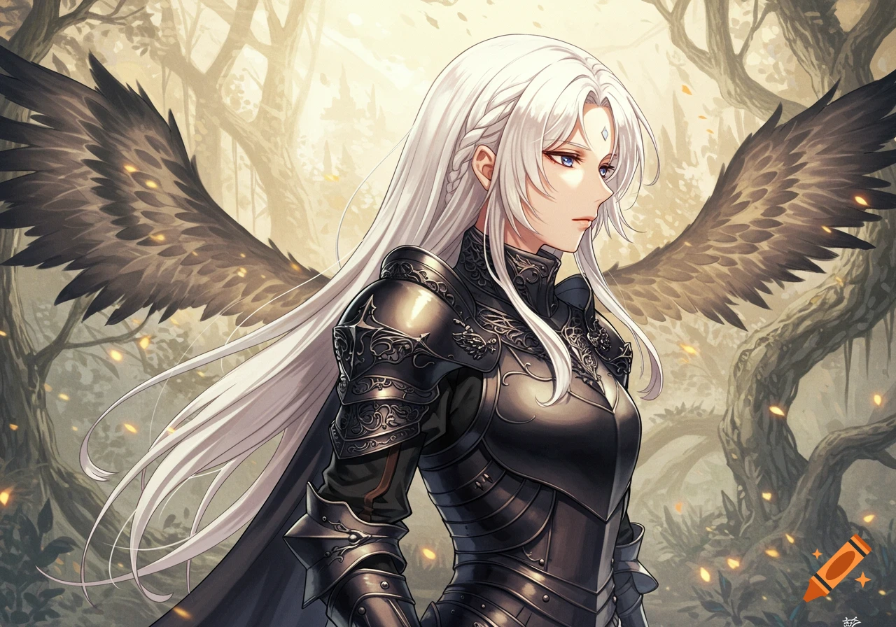 Anime character with long white hair and large dark wings, wearing ornate dark armor, stands in a mystical forest setting.