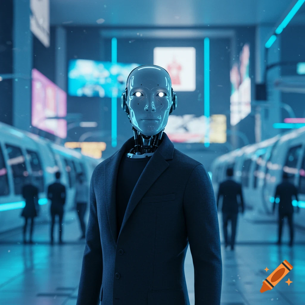 A sleek robot in a dark suit stands in a futuristic subway station with glowing blue lights and blurry trains.