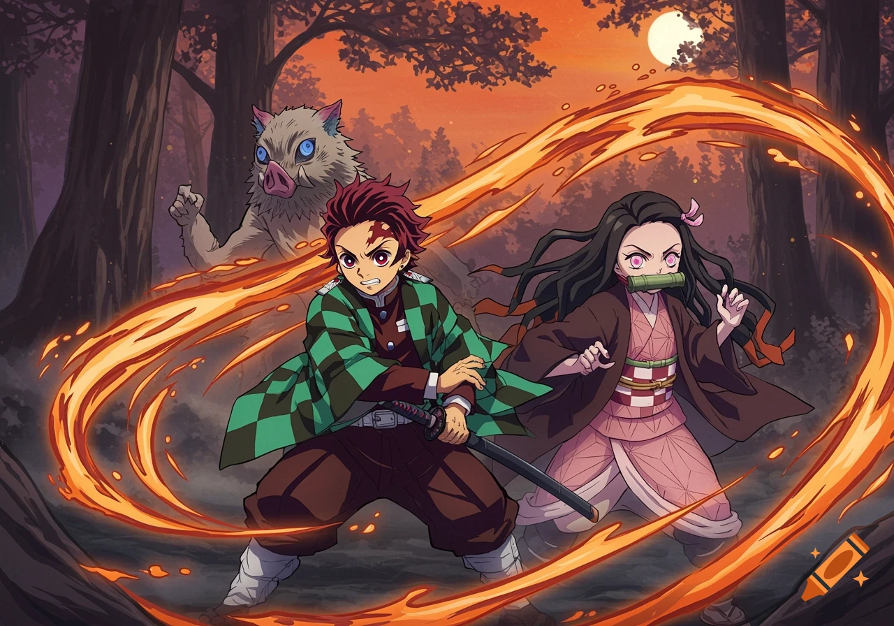 Tanjiro, Nezuko, and Inosuke in their anime forms, surrounded by fiery effects in a forest at dusk.