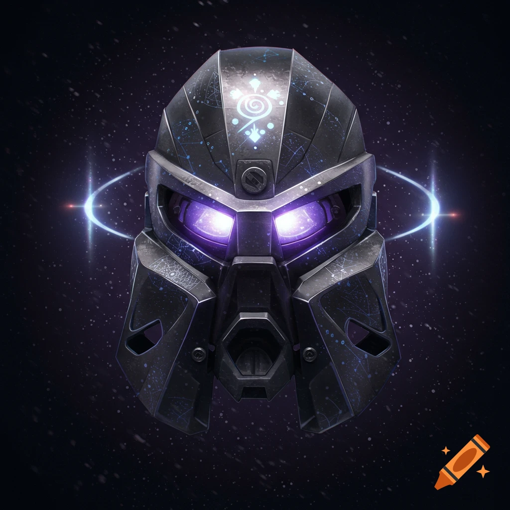 A dark, futuristic helmet with glowing purple eyes and intricate cosmic patterns, set against a star-filled background.
