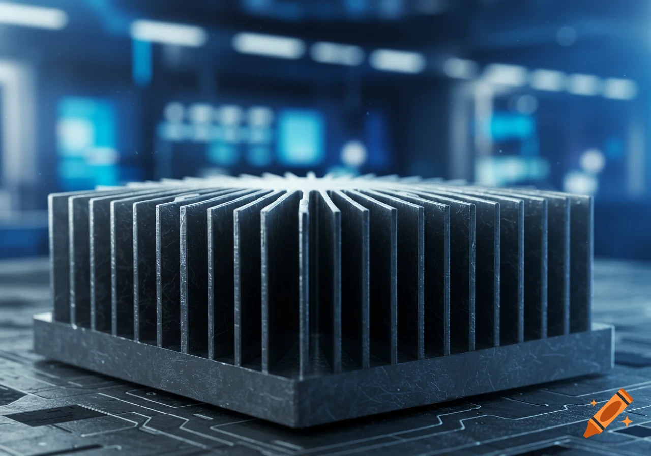 A photorealistic image of a heatsink on a circuit board in a blue-lit tech environment.