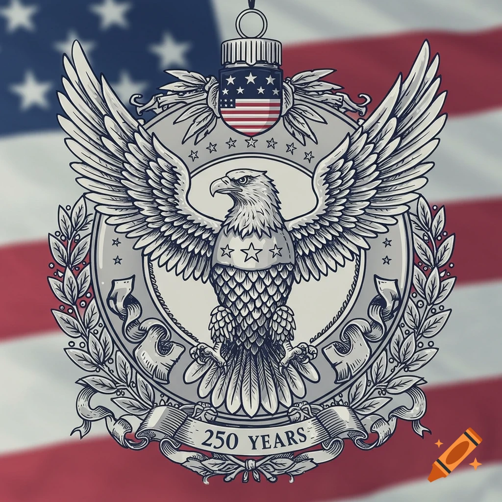 An ornate patriotic ornament with a bald eagle and shield, reading '250 YEARS' on a banner, set against a blurred American flag.