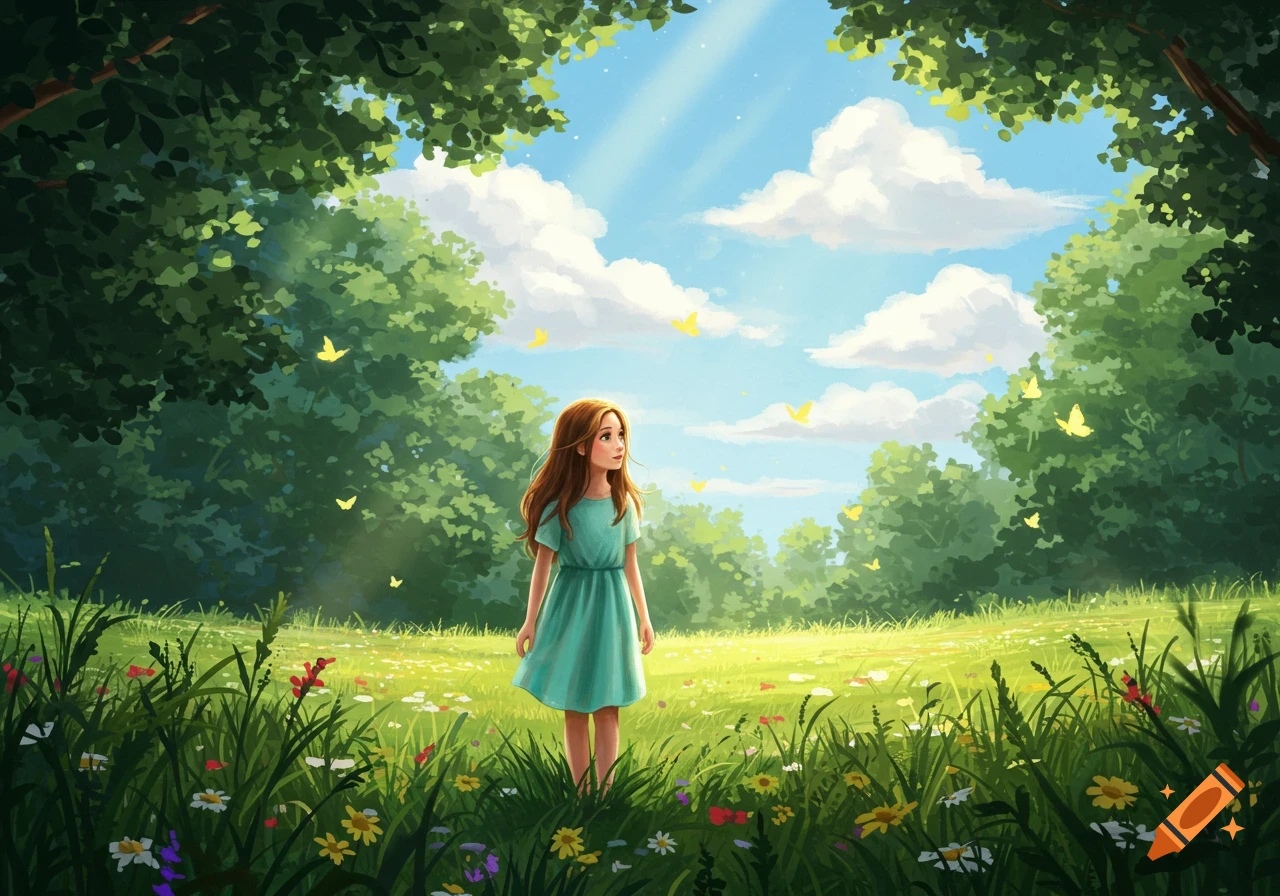 A young girl with long brown hair stands in a vibrant green meadow, surrounded by colorful flowers and trees. Sunlight streams from a blue sky, and yellow butterflies flutter around her in this whimsical illustration.