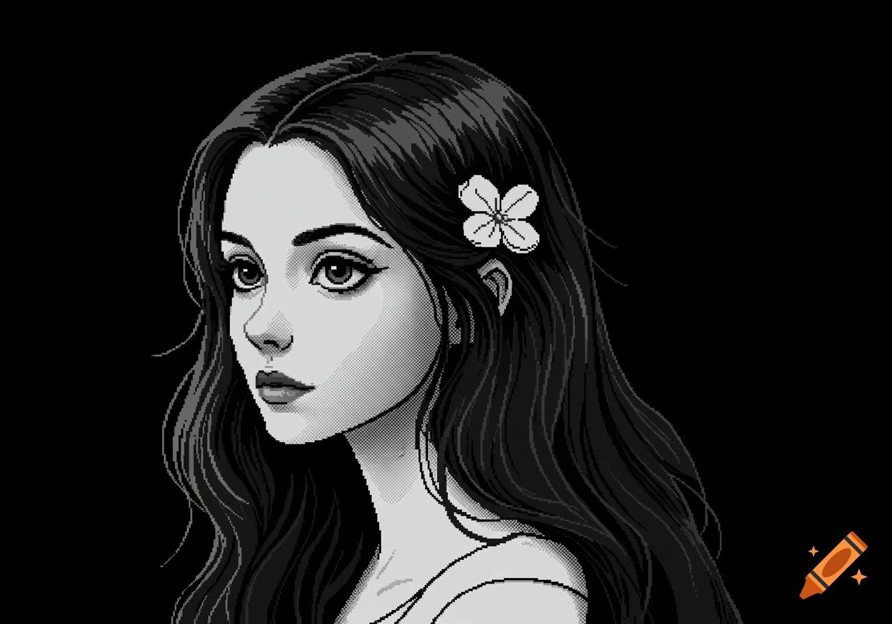 Black and white pixel art portrait of a girl with long hair and a flower in her hair.