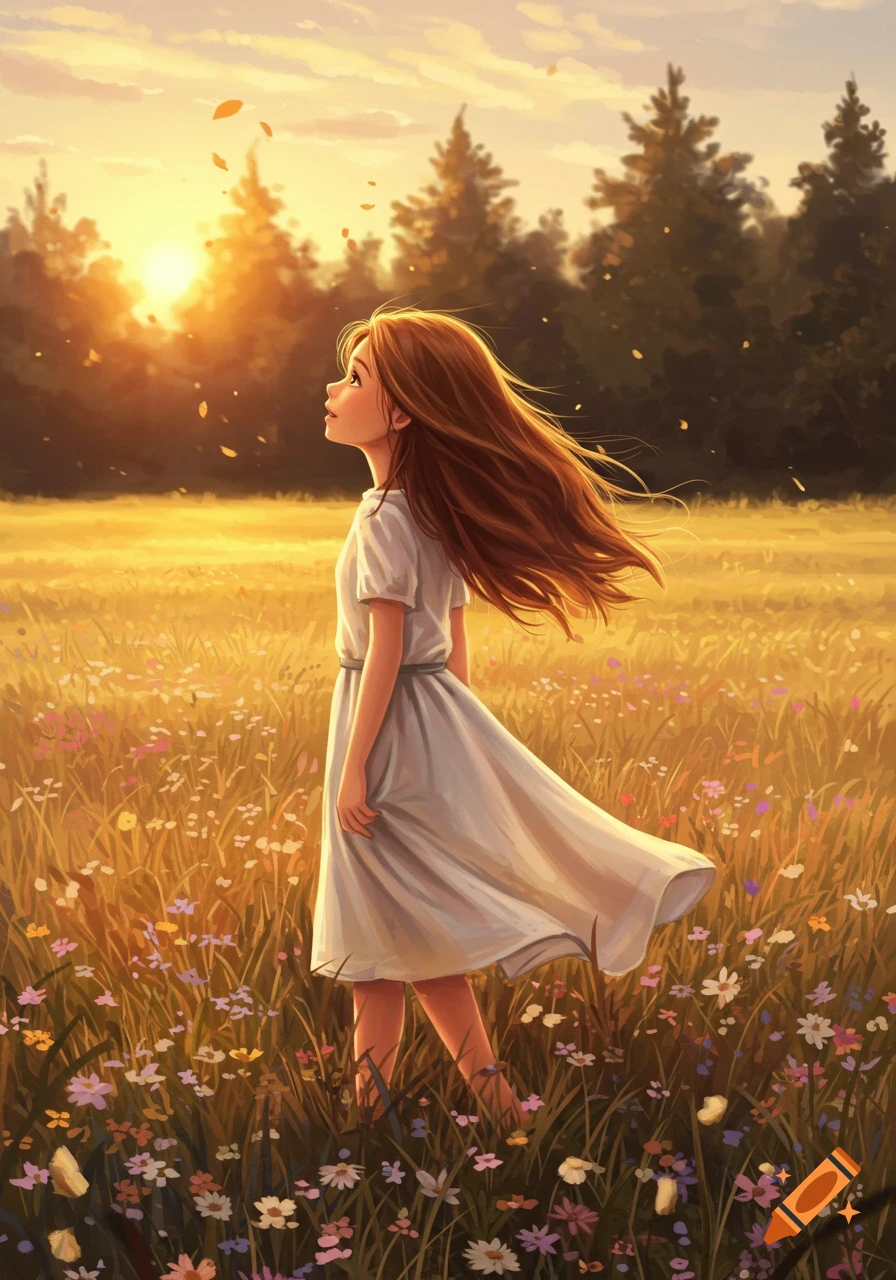 Illustrated girl with long brown hair in a white dress standing in a golden field of wildflowers, looking up at the sunset.