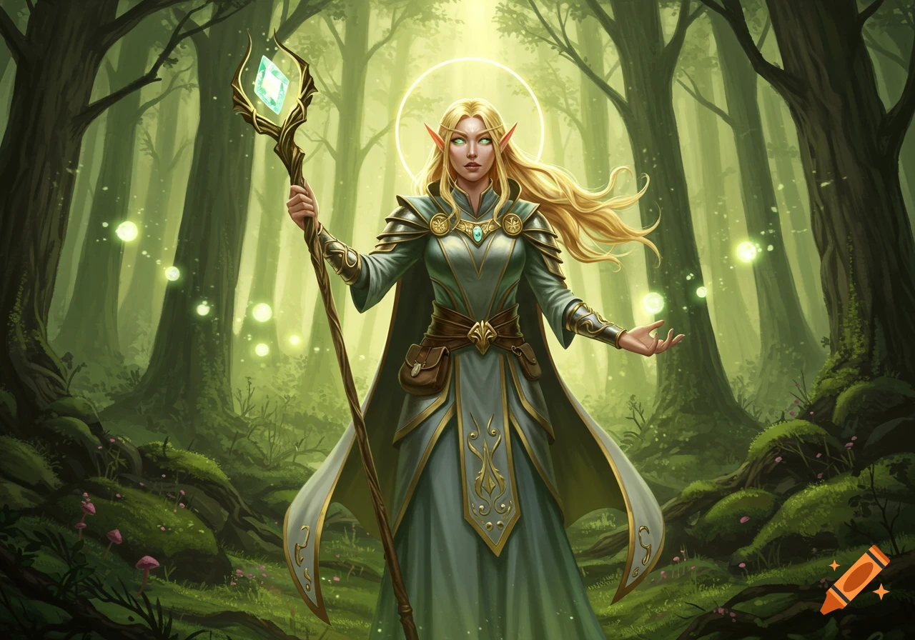 An elf woman with blonde hair and green eyes holds a staff, standing in a magical forest with glowing orbs.