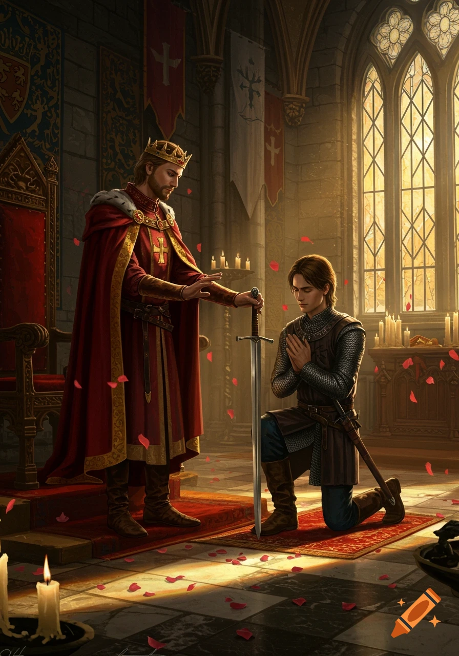 A king in red robes knights a kneeling man with a sword in a sunlit medieval hall with scattered rose petals.